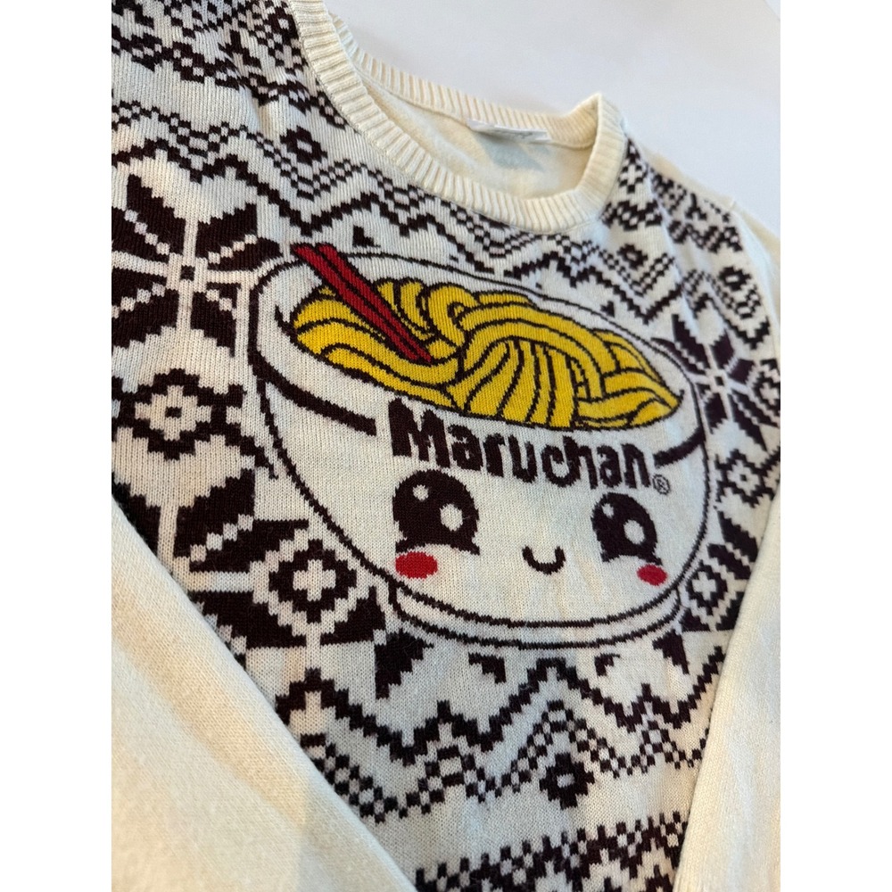 Maruchan Ramen Kawaii Fair Isle Holiday Sweater Cream Brown XXL